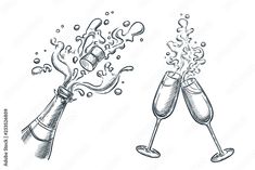 two glasses of champagne with bubbles and splashing water on white background, hand drawn illustration