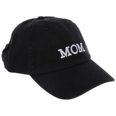 Celebrate parenthood with accessories like the Mom Baseball Cap added to your wardrobe. This black fabric hat features white embroidered letters across the front. Wear this adjustable cap as you take your children to their activities or as you complete tasks around the home to show everyone who's got this whole thing covered! Details: 	 Size: One Size Fits Most 	 Content: 100% Cotton 	 Care: Hand Wash, Cold; Non-Chlorine Bleach Only; Dry Flat Trendy Black Dad Hat With Curved Bill, Black Visor Hat With Letter Print, Black Snapback Dad Hat For Everyday, Black Cotton Hat One Size Fits Most, Black Cotton Hat, One Size Fits Most, Black Cotton Trendy Snapback Hat, Black Everyday Snapback Baseball Cap, Black Cotton Hat One Size, Trendy Black Cotton Snapback Hat