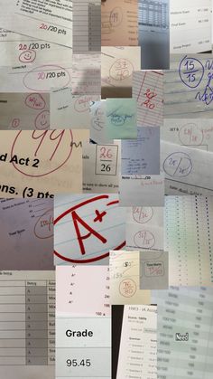 many different papers with writing on them and numbers in the middle one has an arrow