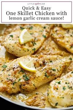 chicken with lemons and herbs cooking in a skillet on the stove, ready to be eaten