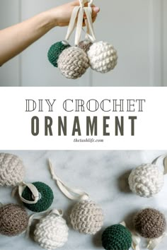 crochet ornament hanging from a string with text overlay that reads diy crochet ornament