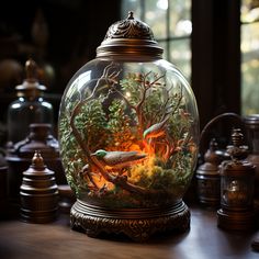 a glass jar filled with lots of different types of plants and animals inside of it