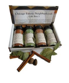 the chicago ethnic neighborhood gift box is filled with spices, herbs and seasonings to give as gifts