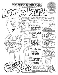 Free Dental Coloring Pages for kids!  "How To Brush", "Good Dental Habits", and "Floss My Teeth". Dental Coloring Pages, Art Vocabulary, Preventive Dentistry, Free Painting