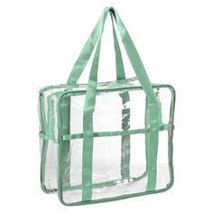 a clear bag with green straps hanging from it