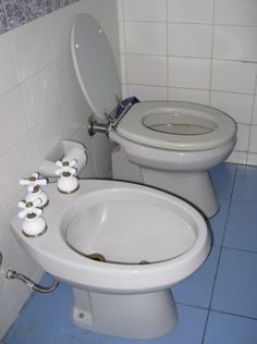 a white toilet sitting next to a bidet in a bathroom on top of a blue tile floor