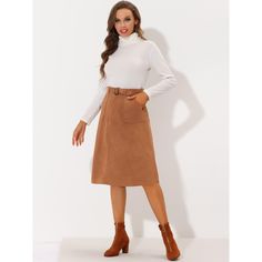 Bring a classic fall vibe to smart casual ensembles with this beautifully a-line belted skirt. Updating your wardrobe with this faux suede pocket skirt which features an A-line silhouette for a universal body shape. Merging feminine and modern styles, this skirt is made of stretchy faux suede, which is comfortable and chic for the fall/winter season. Matching timeless knitwear, a blouse, and retro leather boots or high heels for a smart feminine impression. Midi Skirt With Belt, Timeless Knitwear, Faux Leather Midi Skirt, Belted Skirt, Midi Skirt With Pockets, Pocket Skirt, Skirt With Belt, Leather Midi Skirt, Midi Length Skirts