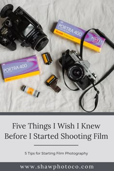 a camera and some batteries on a bed with the words five things i wish i knew before i started shooting film