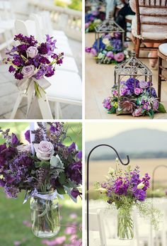 purple flowers are arranged in vases on chairs