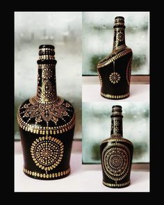 three different views of an ornate black and gold bottle with intricate designs on the lid