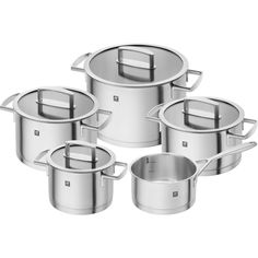 four stainless steel pots and pans on a white background with the lids closed up