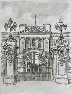 a drawing of an ornate gate in front of a building