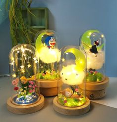 four snow globes with plants and lights in them