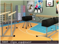 the gym equipment is set up in front of lockers, basketball hoop and other sports related items