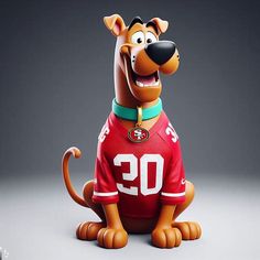 a cartoon dog with a jersey on sitting in front of a gray background and looking at the camera