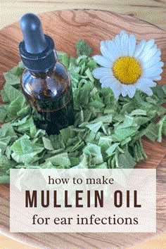 an image of mullen oil for ear injects on a wooden plate