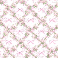 a pink ribbon and flowers pattern on a white background