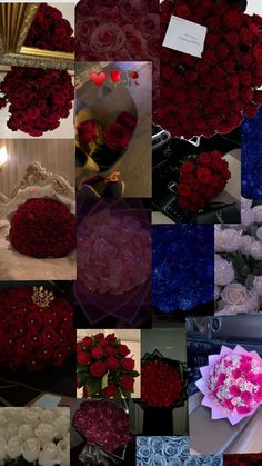 a collage of different pictures with flowers and hearts on them, all in shades of red