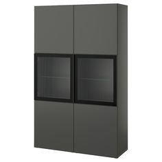 a tall gray cabinet with two doors on the front and one door open to reveal an image