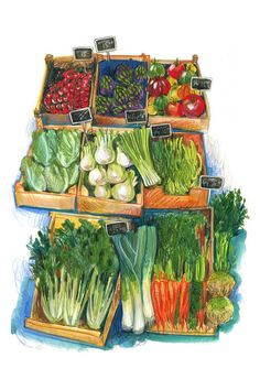 a painting of vegetables on display in wooden boxes with price tags attached to them, including carrots, lettuce, radishes, and broccoli