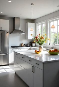 a kitchen with stainless steel appliances and white counter tops, along with flowers in a vase on the island