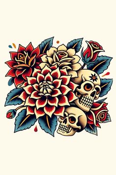 a skull and flowers tattoo design on a white background with red, yellow and blue colors