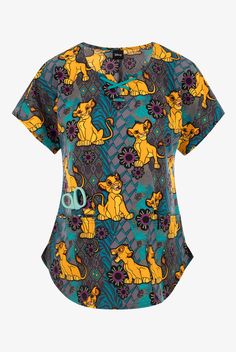 Tooniforms Disney s Roaring Simba Women s 2-Pocket STRETCH V-Neck Print Scrub Top • Contemporary fit • Notch neck with contrast lace up • 2 front patch pockets • Short dolman sleeve • Self double utility loop above right pocket • Center back seam • Back darts • Shirttail hem • Simba from Disney s The Lion King on a geometric pewter and teal background studded with flowers • Approximate length for size M is 27 3 4 • Manufacturer style TF787-LKOR Made with a sustainable poly-spandex blend, our Too Pediatric Scrubs, Teal Background