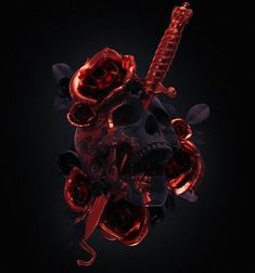 a skull with roses on it and a knife in its mouth is lit up against a black background