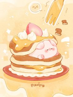 a drawing of a stack of pancakes with frosting and toppings on top, sitting on a plate