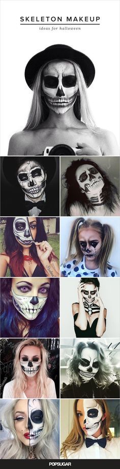 One of our favorite Halloween looks pulls from an iconic "scary" image: the skull. Try one of these stunning skeleton faces. Cool Skeleton Makeup, Skeleton Makeup Ideas, Fantasy Make-up, Halloweenský Makeup, Makeup Contour, Scary Images, Cool Skeleton, Skeleton Face, Halloween Fest