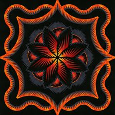 an orange and black design on a black background with red lines in the center,