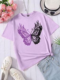 Teen Girls' Butterfly Printed Short Sleeve T-Shirt Mauve Purple Casual  Short Sleeve Knitted Fabric Animal,Butterfly  Medium Stretch  Teen Girls Clothing, size features are:Bust: ,Length: ,Sleeve Length: Cute Clothes For Teens, Cute T Shirt Designs, Affordable Purple Kawaii T-shirt, Cute Butterfly Print T-shirt For Summer, Animal Butterfly, Cute Butterfly Print Summer T-shirt, Cute Butterfly Print T-shirt For Spring, Cheap Summer T-shirt With Butterfly Print, Hot Summer Outfits