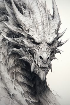 a black and white drawing of a dragon's head with large, sharp teeth