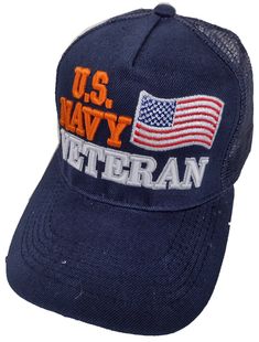 US Navy Veteran, with flag, navy blue baseball/trucker vented hat Navy Veteran, The Villages, Us Navy, Embroidered Design, Hat Fashion, Navy Blue, Flag, Collectibles, Ships