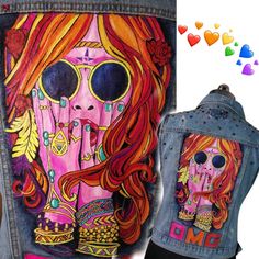 the back of a jean jacket with an image of a woman's face painted on it