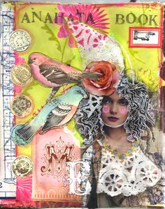 an altered photograph of a girl with flowers and birds on her head, in front of a book cover