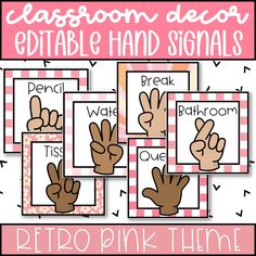 classroom decor editable hand signals with pink and white checkered background, text reads