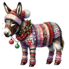 a donkey wearing sweaters and christmas decorations