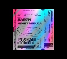 the concert ticket for earth is shown in multicolored light blue, pink, and green