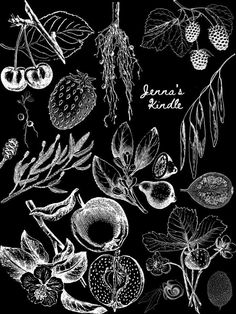 an illustration of various fruits and vegetables on a black background