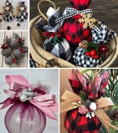 four different christmas ornaments in baskets with ribbons and bows hanging from the top one is red, black and white