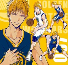 an anime character holding a basketball ball in his right hand and two other players behind him