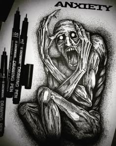 a pencil drawing of a creepy skeleton sitting on the ground with his hands up to his face