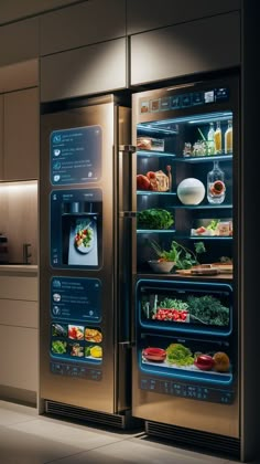 the refrigerator is full of food and has its door open to show it's contents