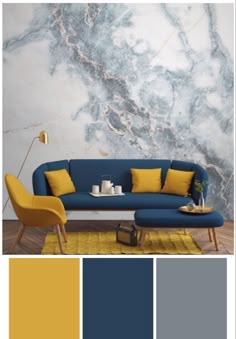 a living room with yellow and blue accents