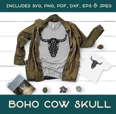 an image of a shirt and other items with the words boho cow skull on it