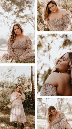 a woman is posing in the woods with her hands on her chest