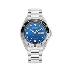 Experience the fusion of sporty style and everyday functionality with this stylish men's watch from Citizen. 42mm silver-tone stainless steel case Features a striking blue dial with a sunray finish paired with bold geometric appliques and a day-date display at 3 o’clock Integrated crown guards and a two-tone 60-minute bezel add to its sporty credentials Scratch-resistant sapphire crystal Silver-tone stainless steel bracelet with push-button fold-over clasp Water-resistant to 100 meters Caliber 8 Modern Blue Watch With Metal Dial, Luxury Gray Automatic Watches, Classic Blue Automatic Watch Accessories, Modern Blue Automatic Watch Accessories, Formal Blue Automatic Watches, Silver Automatic Diving Watch Accessories, Stylish Watches Men, 3 O Clock, Sporty Style