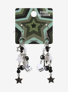 Keep your look quirky and cute with these drop earrings! They feature fun charms of 8 balls  dice  stars and fish bones. Grunge Jewellery Earrings, Cute Acssesories, All Star Aesthetic, Alt Earrings, Emo Earrings, Social Collision, Soda Tab Crafts, Creepy Earrings, Star Accessories