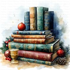 a stack of books with an apple on top next to a cup and pine cone